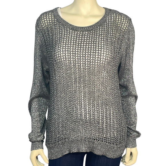 Kenneth Cole Wmns Sz L Misha Pullover Sweater Mesh Knit Front Sparkly Silver New - Picture 1 of 11